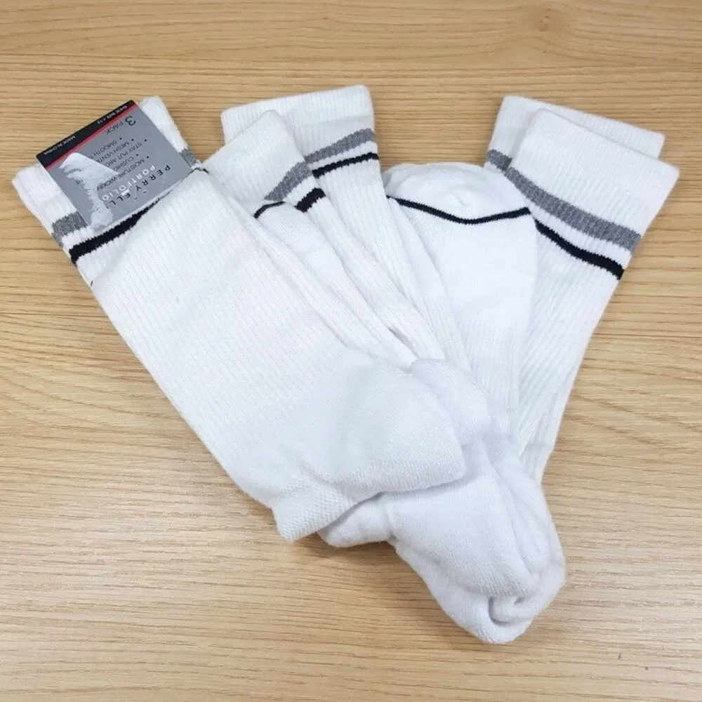 PERRY ELLIS Crew Socks White 3-Pack Moisture Wicking Cushioned Logo